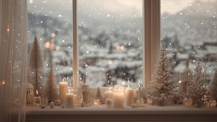 Cozy winter scene with decorated window and candles during snowfall   - Powered by Adobe