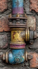 Colorful metal pipe affixed to a brick wall