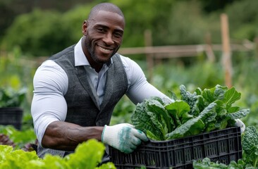 an african man in a grey vest and white gloves, picking up green vegetables from the ground into black plastic crates in his hands