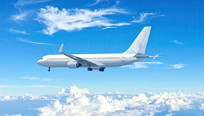 Obraz premium White Airplane Flying Through Blue Sky with Cumulus Clouds Pixelated Low Resolution