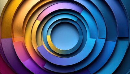 Colorful Concentric Rings with Brush Stroke Texture Abstract Design with Radial Gradient from Yellow to Blue and Purple Circular Layers