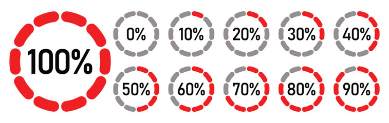 infographic progress percentage circle design icon. pie chart set with percentage 0 to 100 percent icon. loading icon with different percentages. vector illustration and transparent png.