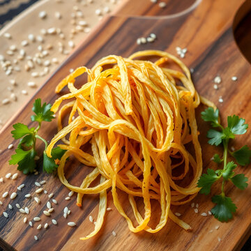 Delicate strings of crispy, golden-brown chicote strips adorn a rustic wooden board, surrounded by scattered sesame seeds and fresh herbs, evoking a sense of rustic elegance.