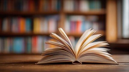 Fototapeta premium An open book with fanned-out pages rests on a rustic wooden table. The background is a blurred bookshelf filled with colorful books, creating a cozy and warm atmosphere.