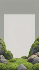Moss-Covered Rock Texture Background with Bordered Blank Area for Rustic Branding