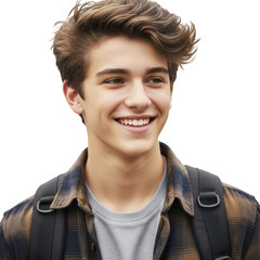 Smiling young man with tousled brown hair wearing a plaid jacket and backpack