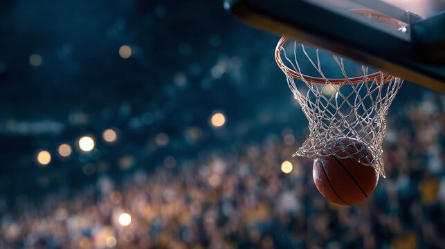 A close-up shot of a basketball passing through the net. The background is a blurred stadium crowd with spotlights, capturing the moment of a successful score.