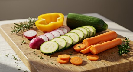 Sliced Colorful Vegetables on Wood Cutting Board Food Preparation