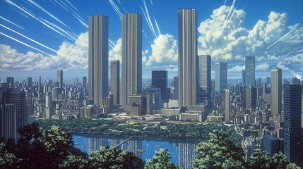Fototapeta premium 青空にそびえる未来都市：超高層ビルのスカイライン