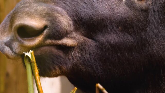 Close up of a elk moose head moving around the forest on a cloudy autumn day