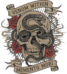  Memento Mori Skull with Snake and Roses – Venom Within Vintage Tattoo Vector