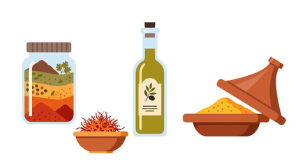 Exotic Moroccan Cuisine Ingredients Depicted in a Flat Design Style, Ideal for Culinary Blog Illustrations and Recipe Book Visuals