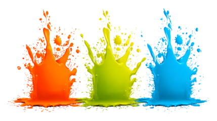 Colorful paint splashing, orange, green and blue, transparent PNG isolated background
