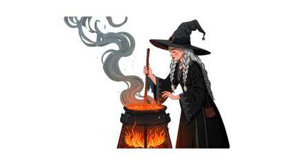 The witch stirs the potion in the cauldron.