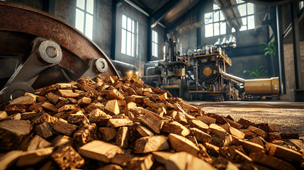 Photorealistic image of biomass power plant featuring pile of wood logs, machinery, and sunlight streaming through large windows, creating warm