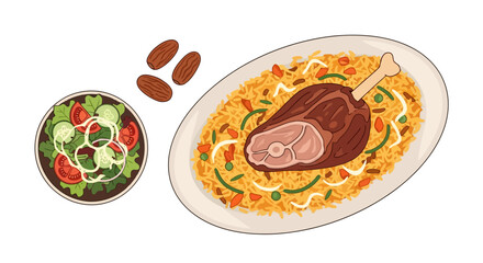 Exquisite illustration of a Middle Eastern lamb dish with rice and salad, perfect for culinary blogs, recipe websites, or food-themed design projects.