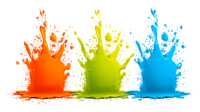Colorful paint splashing, orange, green and blue, transparent PNG isolated background