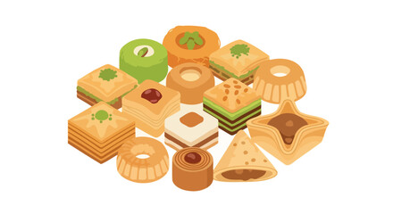 Delightful assortment of Middle Eastern sweets, perfect for showcasing culinary traditions and festive celebrations, ideal for recipe books and gastronomy blogs.