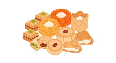 Assorted Middle Eastern Sweets Illustration Showcasing Traditional Desserts for Cultural Celebrations and Culinary Projects, Suitable for Food Blogs and Recipe Illustrations
