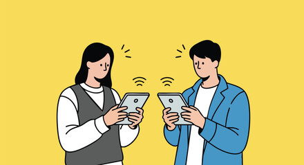 Young professionals connecting digitally on tablets, sharing ideas in a modern, vibrant workspace.