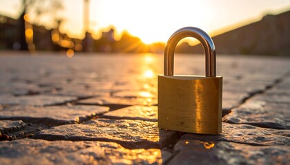 Golden padlock on cobblestones at sunset