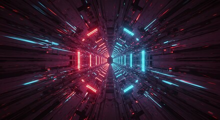 Futuristic Tunnel with Red and Blue Neon Lights Perspective