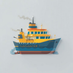 Obraz premium Vibrant flat design illustration of a modern passenger ferry boat, featuring clean graphic lines and layered details, navigating calm waters with a subtle smoke trail and blue wake