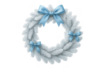 Christmas wreath decorated with blue ribbon bows on transparent background