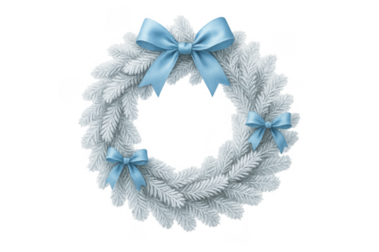 Christmas wreath decorated with blue ribbon bows on transparent background