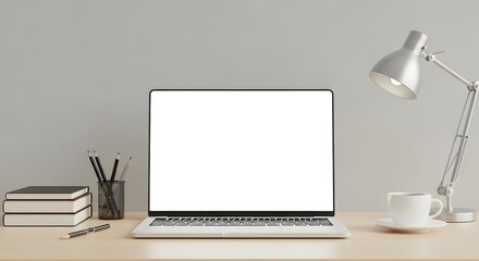 Clean and minimalist home office desk setup with a laptop featuring a blank white screen, perfect for showcasing remote work, study, or creative projects in a modern, productive environment