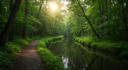 Obraz premium Lush Green Forest Path Beside Dark Water with Sunlight