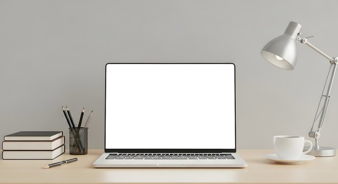 Clean and minimalist home office desk setup with a laptop featuring a blank white screen, perfect for showcasing remote work, study, or creative projects in a modern, productive environment - Powered by Adobe