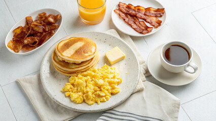 American breakfast with scrambled  eggs