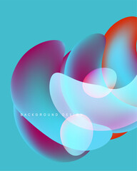 Abstract fluid shapes overlap, creating vibrant color gradients. Turquoise background complements pinks, blues, oranges. Modern design element.