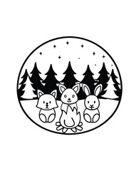 Fototapeta premium Cute forest animals gathering around a campfire under a starry night sky drawing