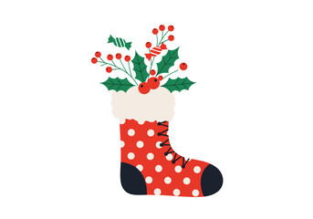 A festive red polka dot stocking filled with holly berries and candy.