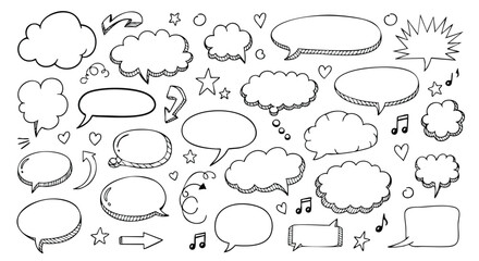 Hand drawn speech bubbles, thought clouds, arrows, hearts, and music notes for creative ideas