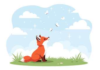 A curious fox sits in a grassy field watching butterflies flutter against a cloudy blue sky.