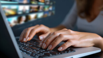 Digital technology helps reduce stress through effective management shown by hands typing on laptop keyboard with blurred screen in background