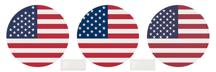 Fototapeta premium Set of three circular American flag icons, transparent background, png.