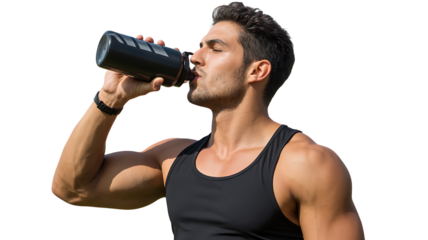 Muscular man drinking from a sports bottle, transparent background, png.

