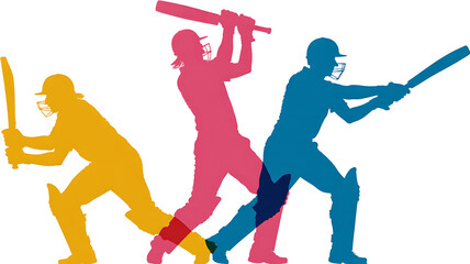 Colorful silhouettes of cricket players batting, transparent background, png.

