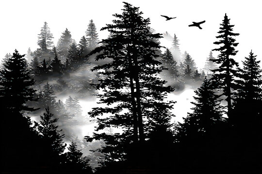 Silhouette Trees Misty Mountain Landscape