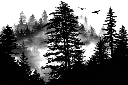 Silhouette Trees Misty Mountain Landscape