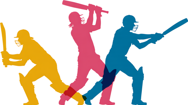 Colorful silhouettes of cricket players batting, transparent background, png.

