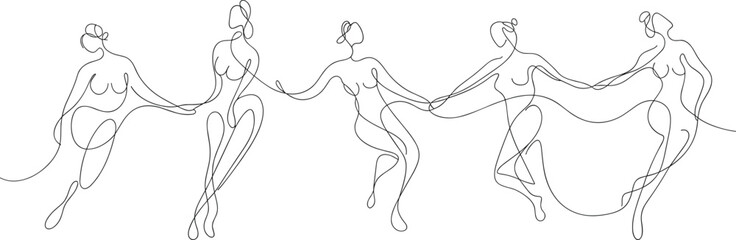 Continuous line drawing women holding hands, abstract female dance art, elegant minimalist sketch, modern body outline, stylish fashion vector illustration