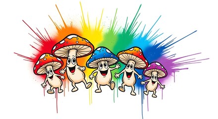 Colorful Mushroom Cartoon Group Cheerful Celebration against a Rainbow Burst