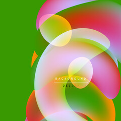 Abstract colorful shapes overlap, creating dynamic visual effect. Bright green background enhances vibrant hues, modern design.