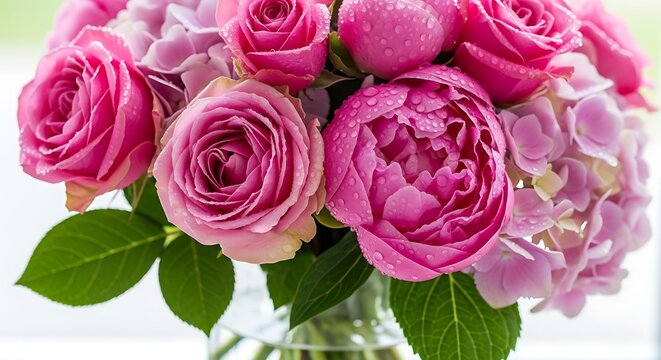 A close-up view of a vibrant bouquet of pink roses, peonies, and hydrangeas, showcasing the delicate details and dew drops.