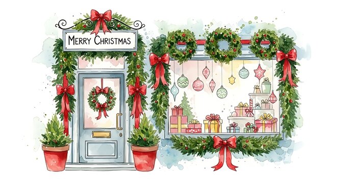 Watercolor illustration of a christmas storefront with wreaths, gifts, and festive decorations